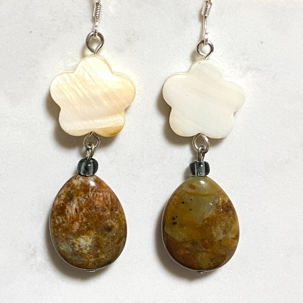 2/$20, Genuine Earthy Jasper White Mother of Pearl Flower Silver Dangle Earrings